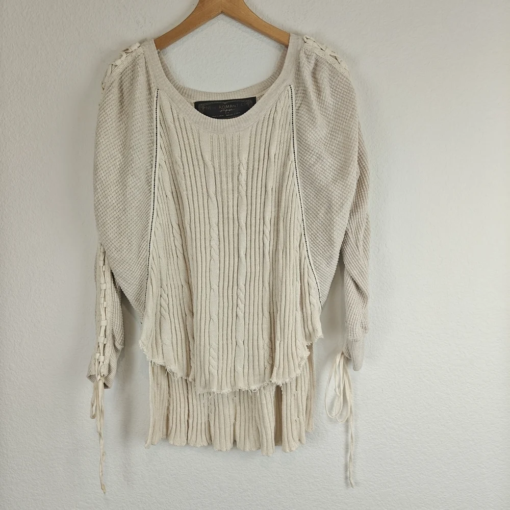 Free People New Romantics Lace-Up Sleeve High Low Boho Knit Thermal Top S
